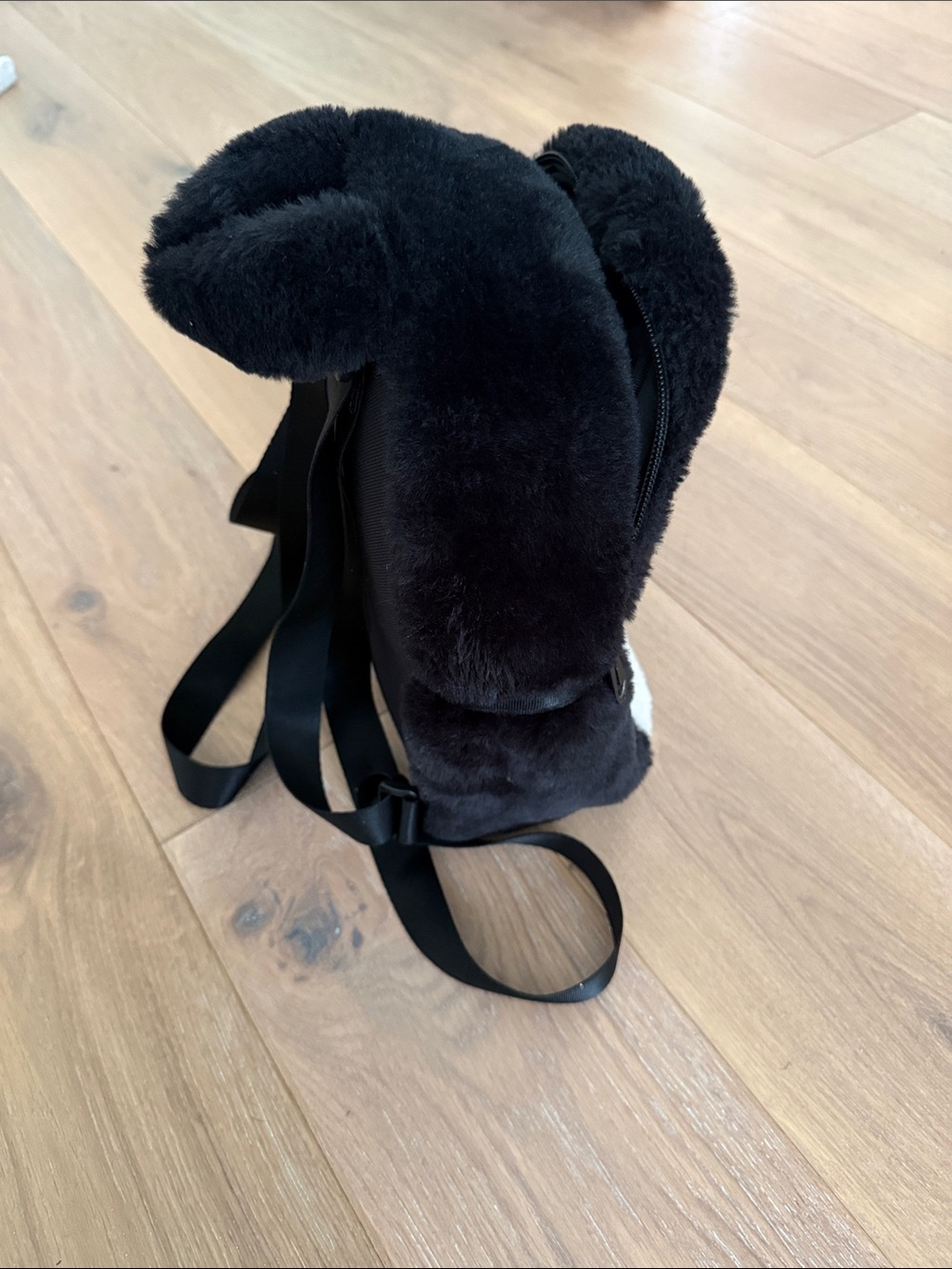 Cozy Black Faux Fur Backpack with White Swoosh - Picture 5 of 9